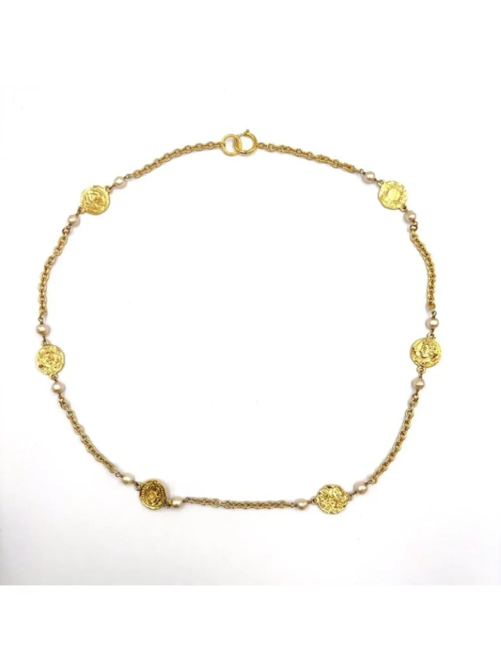 Chanel CC Logo Coin Motif Metal Faux Pearl Gold Necklace